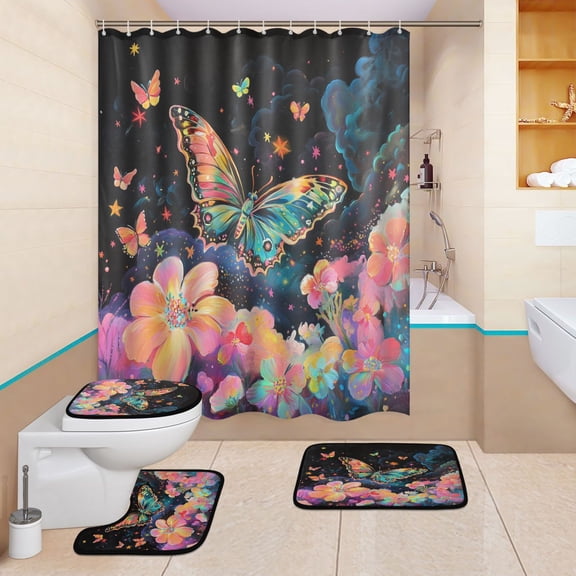 BZSMCE 4PCS Celestial Butterfly Dance Shower Curtain Set Bathroom Decorative Set