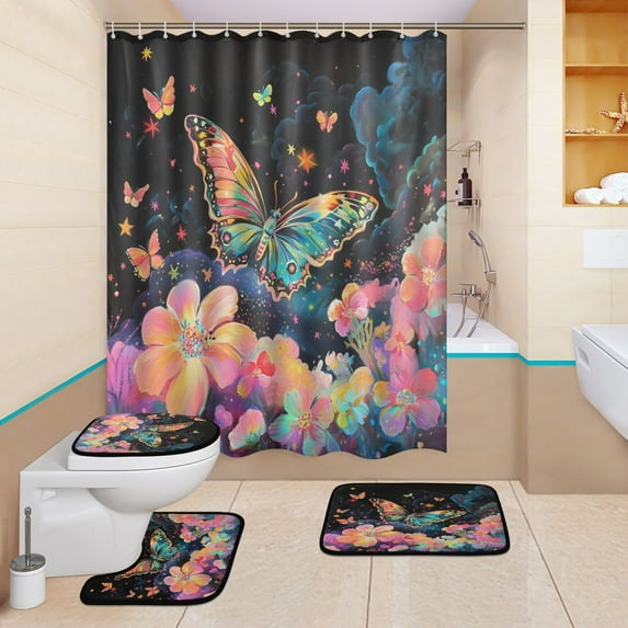 BZSMCE 4PCS Celestial Butterfly Dance Shower Curtain Set Bathroom Decorative Set