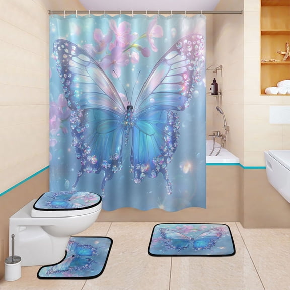 BZSMCE 4PCS Crystal Wings Shower Curtain Set Bathroom Decorative Set