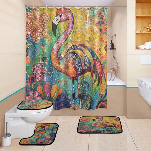 BZSMCE 4PCS Dancing Flamingo in Vibrant Bliss Shower Curtain Set Bathroom Decorative Set