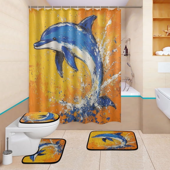 BZSMCE 4PCS Dolphin Dance Shower Curtain Set Bathroom Decorative Set