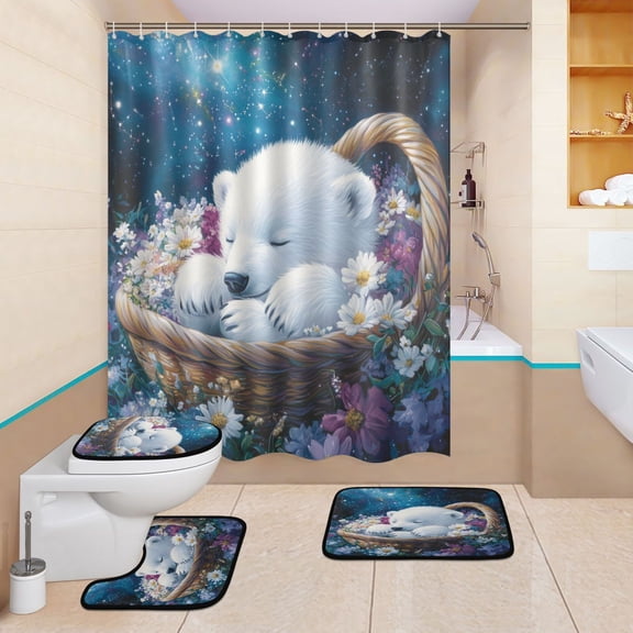 BZSMCE 4PCS Dreamy Polar Bear Shower Curtain Set Bathroom Decorative Set