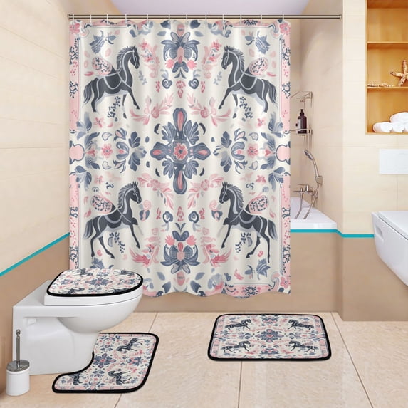 BZSMCE 4PCS Equestrian Floral Harmony Shower Curtain Set Bathroom Decorative Set