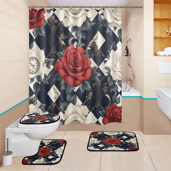 BZSMCE 4PCS Eternal Romance Shower Curtain Set Bathroom Decorative Set