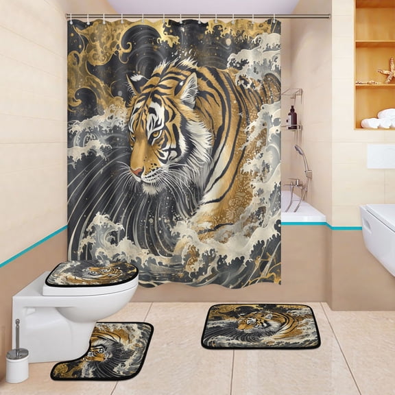 BZSMCE 4PCS Fierce Waves Shower Curtain Set Bathroom Decorative Set