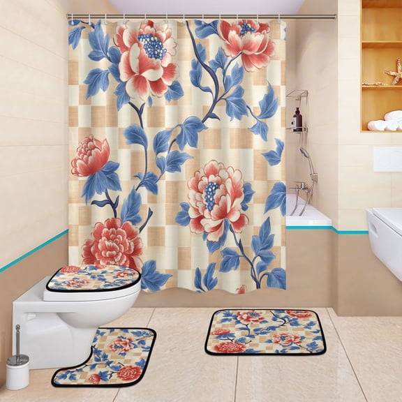 BZSMCE 4PCS Floral Peony Dreams Shower Curtain Set Bathroom Decorative Set