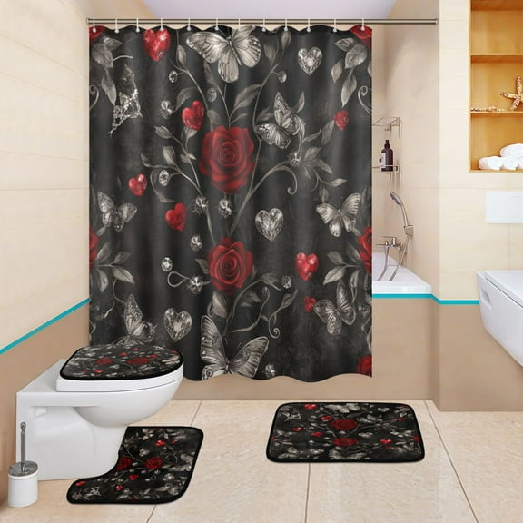 BZSMCE 4PCS Gothic Romance Shower Curtain Set Bathroom Decorative Set