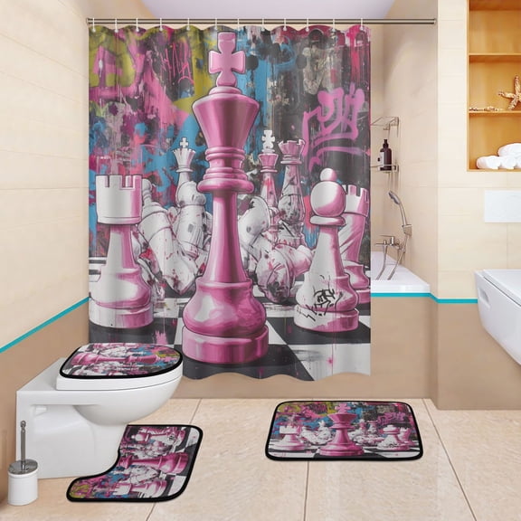 BZSMCE 4PCS Graffiti Chess Showdown Shower Curtain Set Bathroom Decorative Set