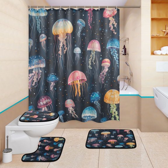 BZSMCE 4PCS Jellyfish Dance in The Cosmos Shower Curtain Set Bathroom Decorative Set