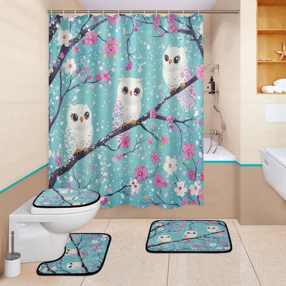 BZSMCE 4PCS Owl Blossom Friends Shower Curtain Set Bathroom Decorative Set