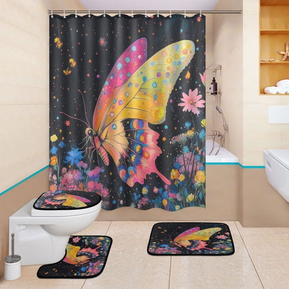 BZSMCE 4PCS Rainbow Butterfly Dance Shower Curtain Set Bathroom Decorative Set