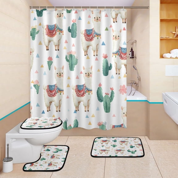 BZSMCE 4PCS Shower Curtain Set Bathroom Decorative Set-Alpaca Cactus Pattern