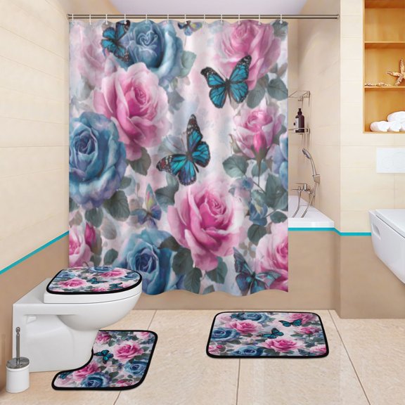 BZSMCE 4PCS Shower Curtain Set Bathroom Decorative Set-Blue & Pink Rose Fantasy Pattern
