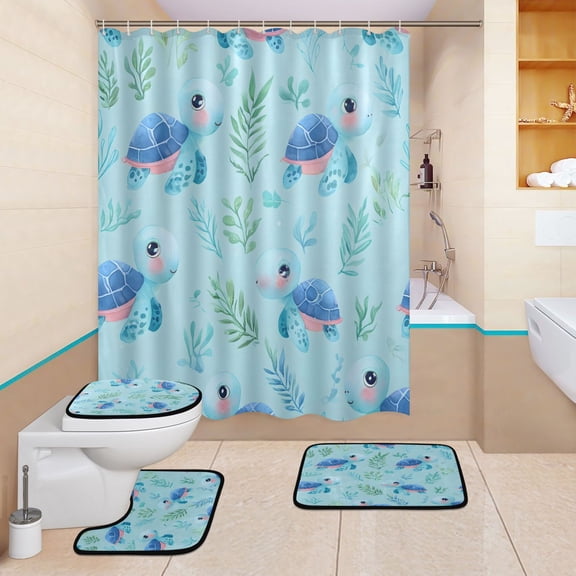 BZSMCE 4PCS Shower Curtain Set Bathroom Decorative Set-Cartoon Blue Turtle Pattern