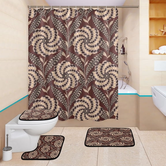 BZSMCE 4PCS Shower Curtain Set Bathroom Decorative Set-Cocoa Scroll Pattern
