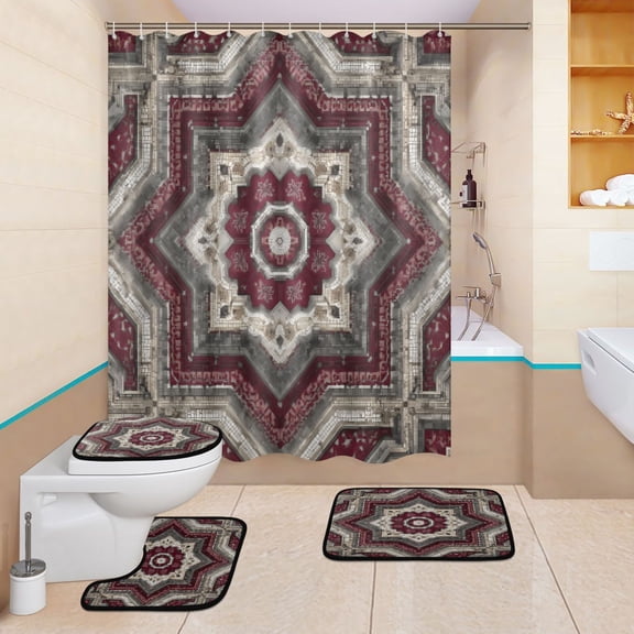 BZSMCE 4PCS Shower Curtain Set Bathroom Decorative Set-Crimson Geo Bloom Pattern