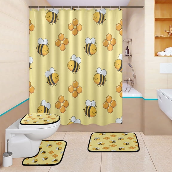 BZSMCE 4PCS Shower Curtain Set Bathroom Decorative Set-Cute Yellow Bee and Honeycomb Pattern
