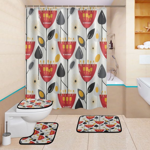 BZSMCE 4PCS Shower Curtain Set Bathroom Decorative Set-Danish Flower Design Pattern