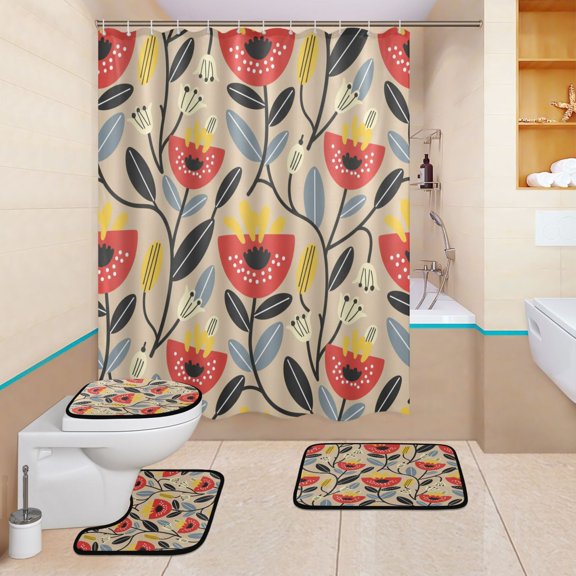 BZSMCE 4PCS Shower Curtain Set Bathroom Decorative Set-Danish Flower Design Pattern