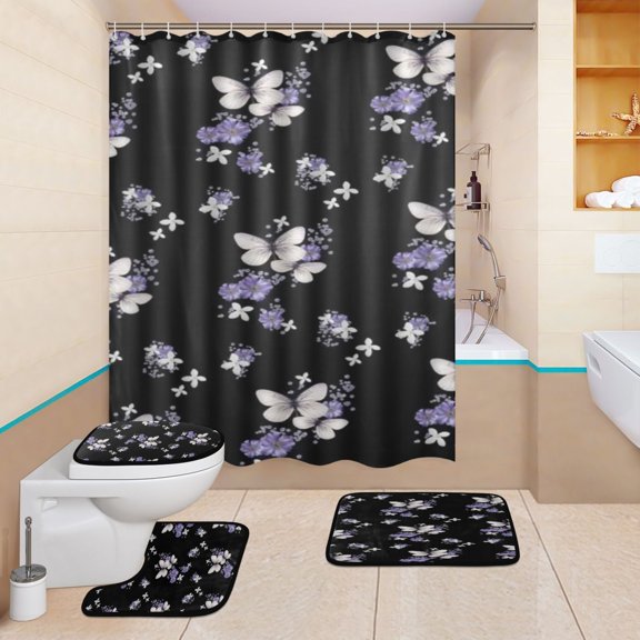 BZSMCE 4PCS Shower Curtain Set Bathroom Decorative Set-Dark Floral Wings Pattern
