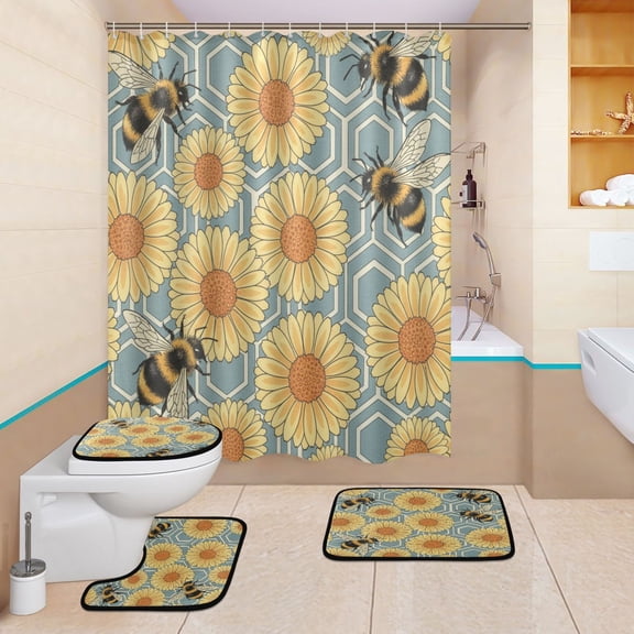 BZSMCE 4PCS Shower Curtain Set Bathroom Decorative Set-Honey Bees Flowers Daisies Pattern