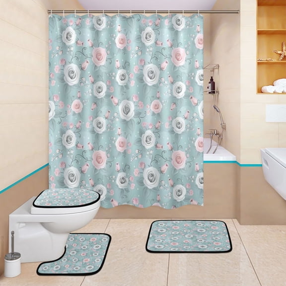 BZSMCE 4PCS Shower Curtain Set Bathroom Decorative Set-Mint Garden Whimsy Pattern