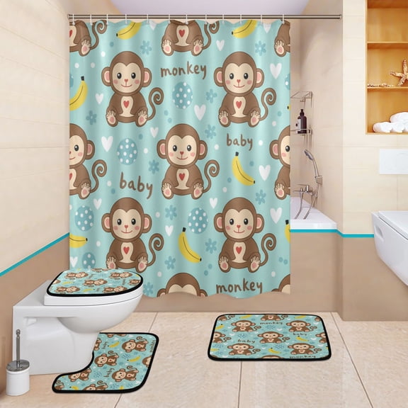 BZSMCE 4PCS Shower Curtain Set Bathroom Decorative Set-Monkey Bananas Pattern