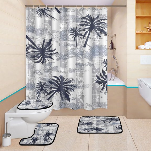 BZSMCE 4PCS Shower Curtain Set Bathroom Decorative Set-Monochrome Palm Breeze Pattern