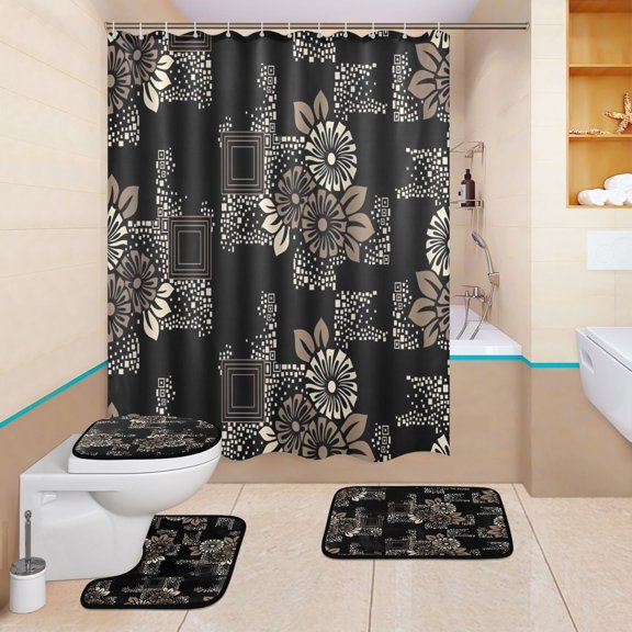 BZSMCE 4PCS Shower Curtain Set Bathroom Decorative Set-Noir Geo Floral Pattern