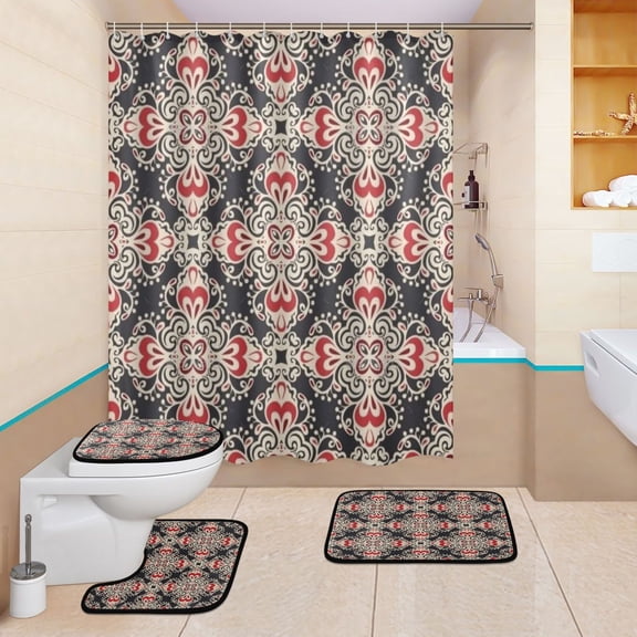 BZSMCE 4PCS Shower Curtain Set Bathroom Decorative Set-Noir Heart Scroll Pattern