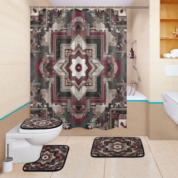 BZSMCE 4PCS Shower Curtain Set Bathroom Decorative Set-Ornate Maroon Medallion Pattern