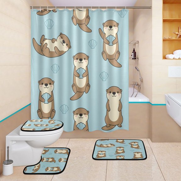 BZSMCE 4PCS Shower Curtain Set Bathroom Decorative Set-Otter Seashell Pattern