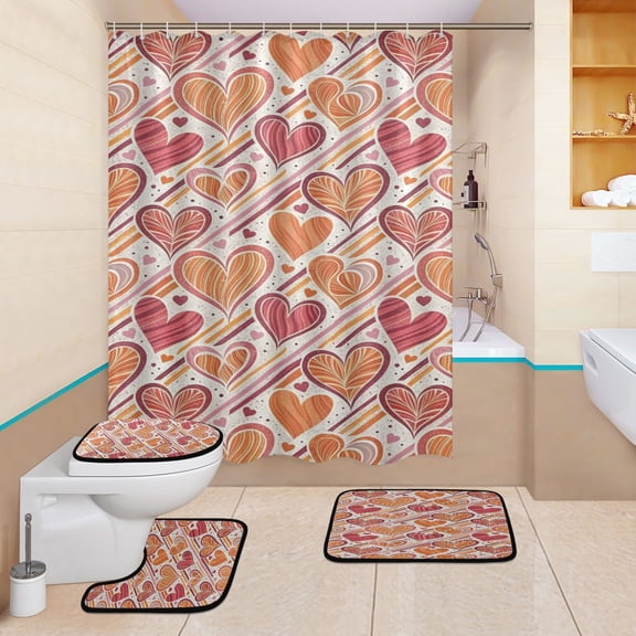 BZSMCE 4PCS Shower Curtain Set Bathroom Decorative Set-Peach Heartstrings Pattern