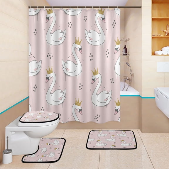BZSMCE 4PCS Shower Curtain Set Bathroom Decorative Set-Swan Princess Pattern