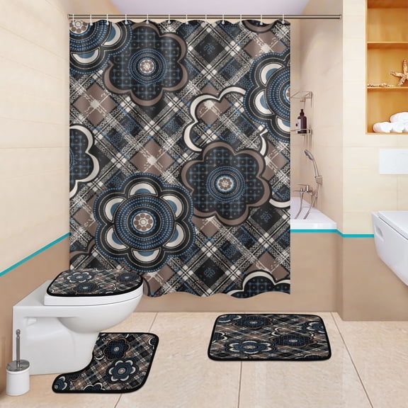 BZSMCE 4PCS Shower Curtain Set Bathroom Decorative Set-Tartan Bloom Pattern