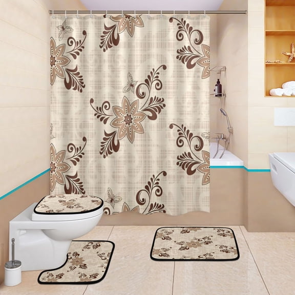 BZSMCE 4PCS Shower Curtain Set Bathroom Decorative Set-Vine Scroll Pattern