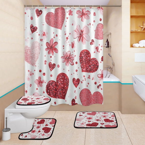 BZSMCE 4PCS Sparkle Hearts Shower Curtain Set Bathroom Decorative Set