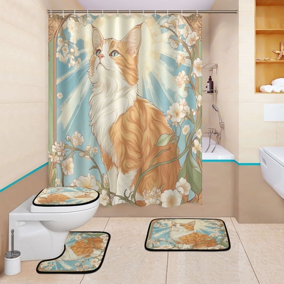 BZSMCE 4PCS Sunlit Purrfection Shower Curtain Set Bathroom Decorative Set