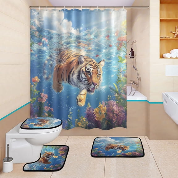 BZSMCE 4PCS Tigers Floral Splash Shower Curtain Set Bathroom Decorative Set