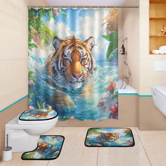 BZSMCE 4PCS Tigers Majestic Swim Shower Curtain Set Bathroom Decorative Set