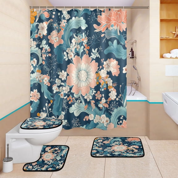 BZSMCE 4PCS Vibrant Floral Elegance Shower Curtain Set Bathroom Decorative Set