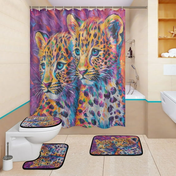 BZSMCE 4PCS Vibrant Leopard Duo Shower Curtain Set Bathroom Decorative Set