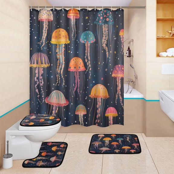BZSMCE 4PCS Whimsical Jellyfish Dance Shower Curtain Set Bathroom Decorative Set