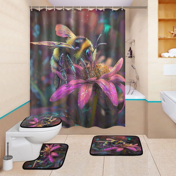 BZSMCE 4PCS "luminescent Bee on Vibrant Petals Shower Curtain Set Bathroom Decorative Set