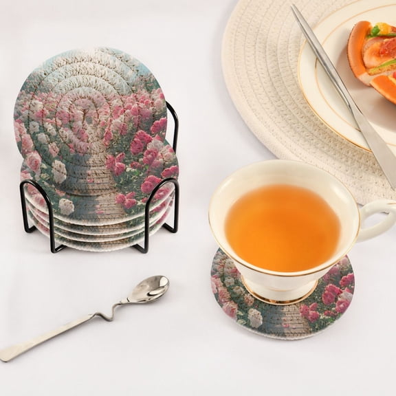 BZSMCE 6Pcs Drink Coasters With Holder 3.94Inch Blooming Rose Garden Creative Coil Coaster Coasters Colors Absorbent Coasters for Drinks Coasters Set Thicken Heat for Home Table