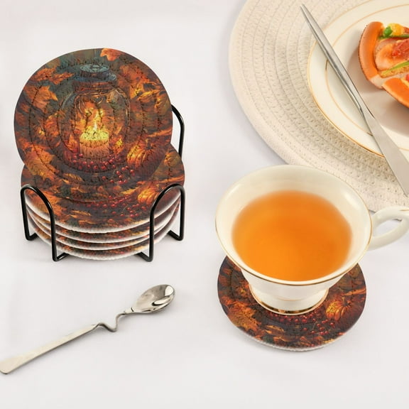 BZSMCE 6Pcs Drink Coasters With Holder 3.94Inch Candles and Pumpkins with Leaves Creative Coil Coaster Coasters Colors Absorbent Coasters for Drinks Coasters Set Thicken Heat for Home Table
