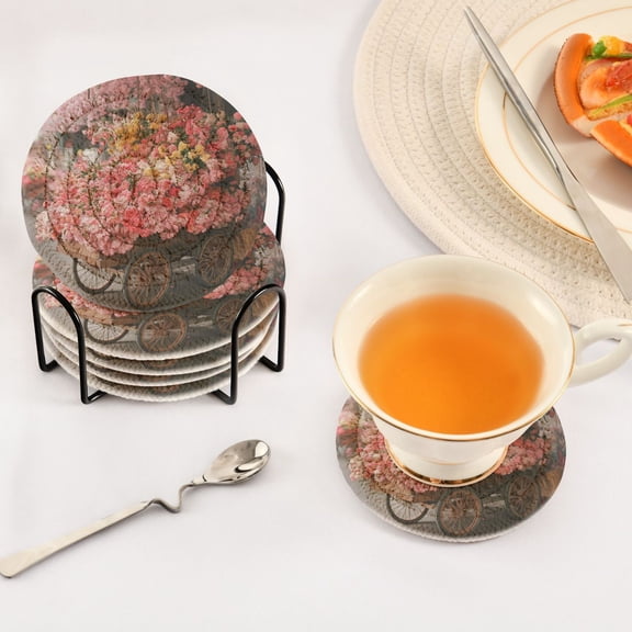 BZSMCE 6Pcs Drink Coasters With Holder 3.94Inch Cart Filled with Colorful Flowers Creative Coil Coaster Coasters Colors Absorbent Coasters for Drinks Coasters Set Thicken Heat for Home Table
