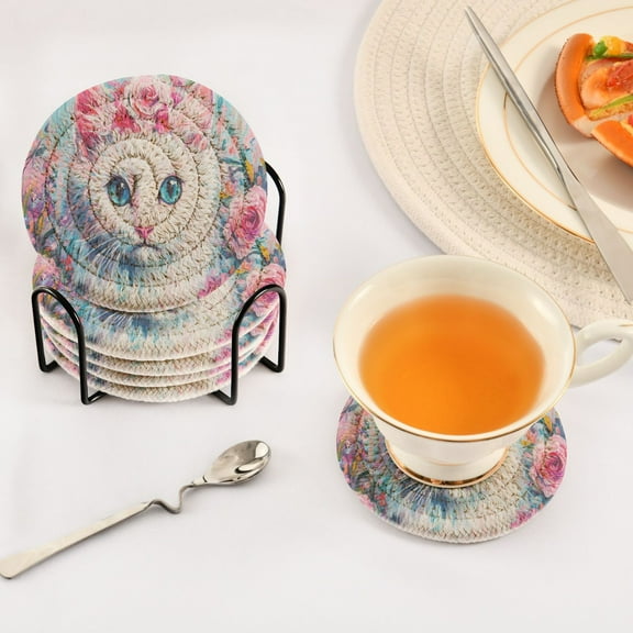 BZSMCE 6Pcs Drink Coasters With Holder 3.94Inch Cat with Floral Crown Painting Creative Coil Coaster Coasters Colors Absorbent Coasters for Drinks Coasters Set Thicken Heat for Home Table