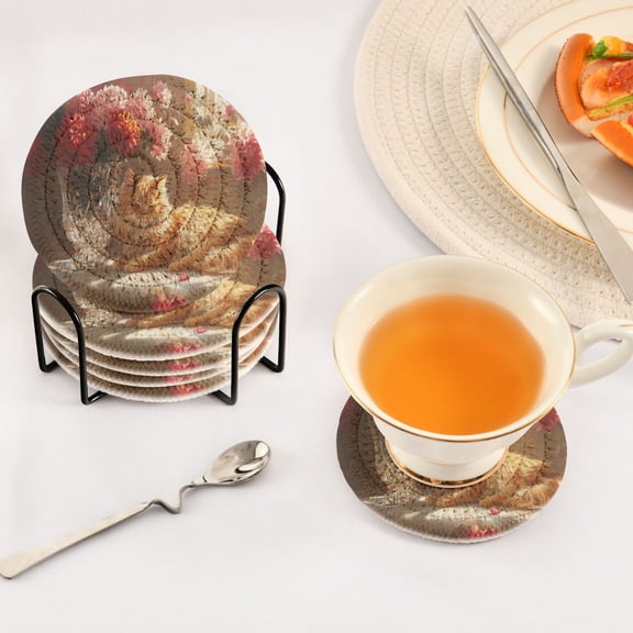 BZSMCE 6Pcs Drink Coasters With Holder 3.94Inch Cat Resting Near Flowers Creative Coil Coaster Coasters Colors Absorbent Coasters for Drinks Coasters Set Thicken Heat for Home Table