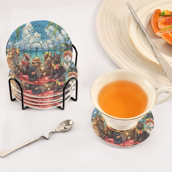 BZSMCE 6Pcs Drink Coasters With Holder 3.94Inch Cats Picnic on Beach Creative Coil Coaster Coasters Colors Absorbent Coasters for Drinks Coasters Set Thicken Heat for Home Table